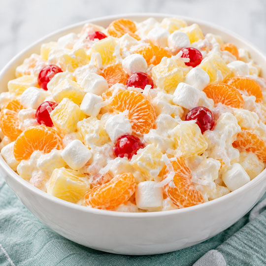 Classic ambrosia salad with mandarin oranges pineapple marshmallows cherries and coconut