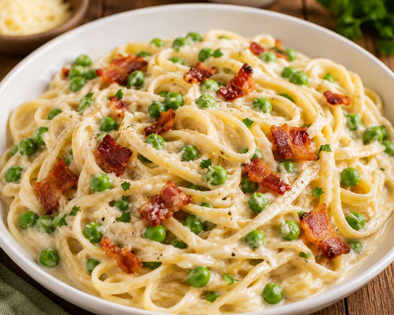 Creamy bacon and pea pasta