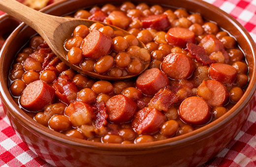 Baked beans with bacon onions and hot dogs