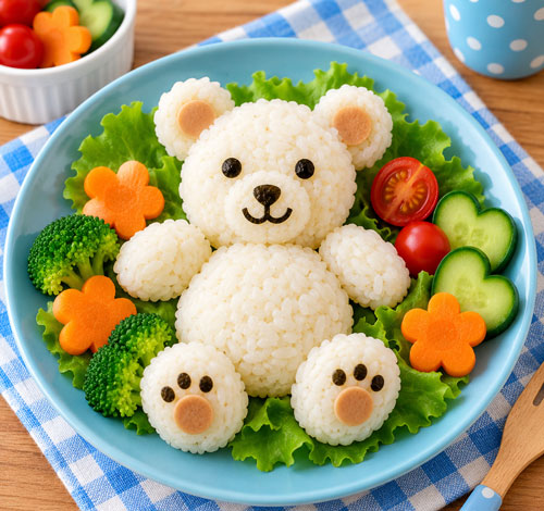 Teddy bear made from rice balls with vegetables