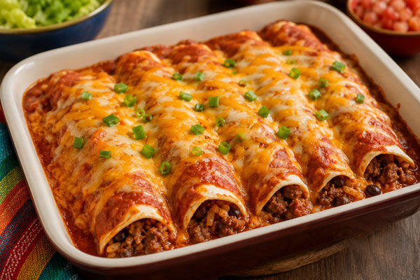 Beef and bean enchiladas with red sauce and melted cheese