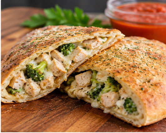 Homemade chicken calzone with cheese and vegetables