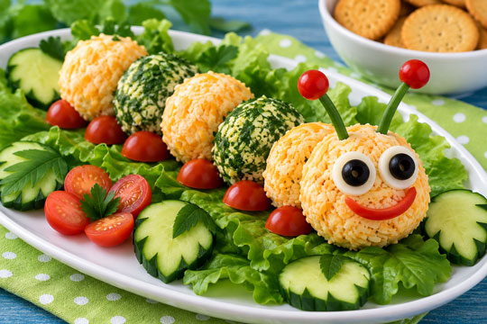 Caterpillar made from small cheese balls