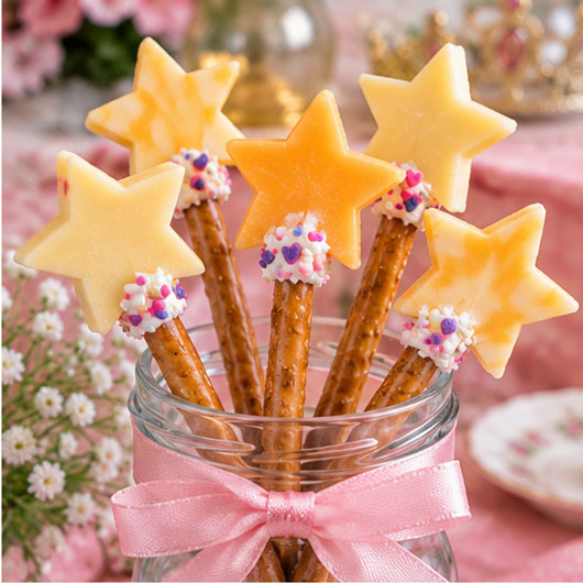 Cheese star fairy wands made with breadsticks for a princess tea party