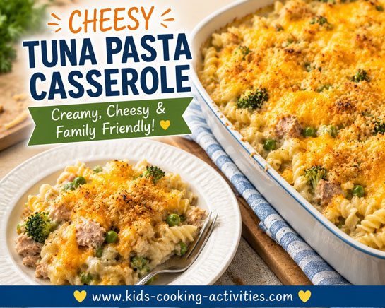 Cheesy tuna pasta casserole with rotini, vegetables, cheddar cheese, and breadcrumb topping