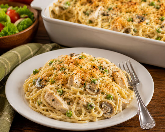 Chicken tetrazzini with spaghetti and creamy cheese sauce