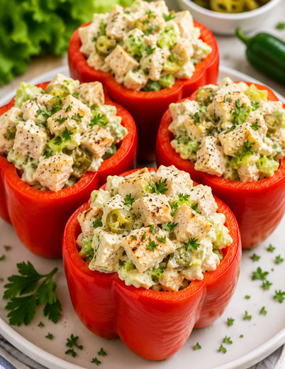 Spicy chicken salad served in a bell pepper cup