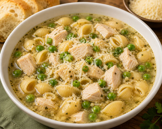 Italian Chicken and Pea Soup with shell pasta