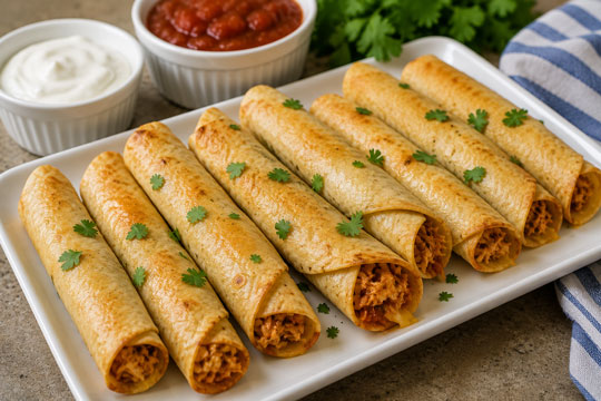 Baked chicken taquitos served with salsa