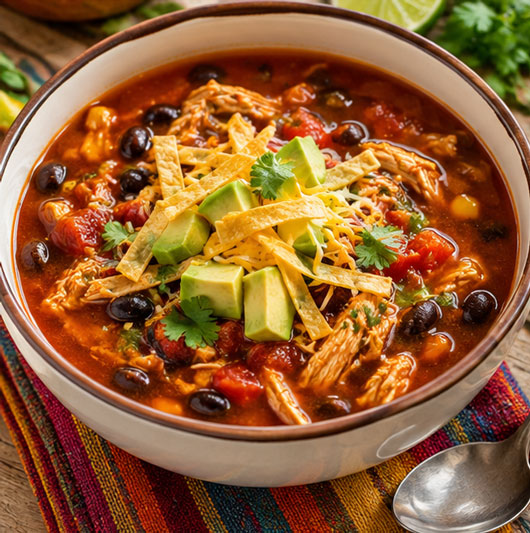 Crockpot chicken tortilla soup with beans and tomatoes