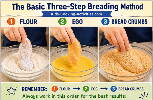 Kids cooking lesson demonstrating the coating and breading technique