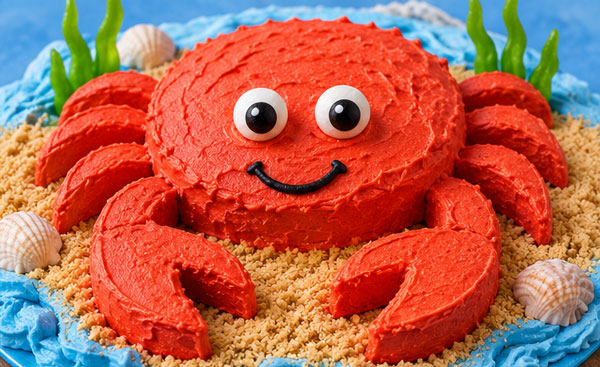 Crab-shaped cake decorated for an under the sea party