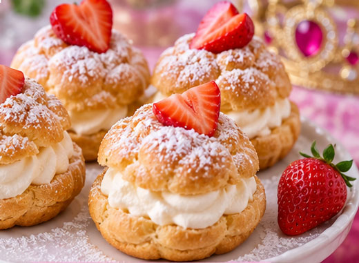 Cream puffs filled with whipped cream and dusted with powdered sugar