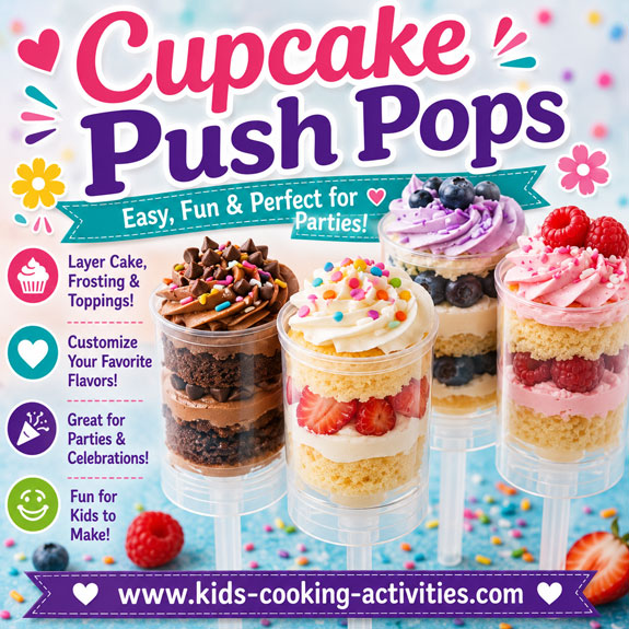 cupcake push pops layered with cake frosting and fruit