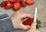 cutting strawberries with plastic knife