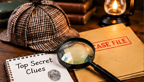 Detective agency mystery party with magnifying glass, clues and case file