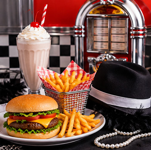 Hamburgers and French fries for a 1920s diner mystery dinner