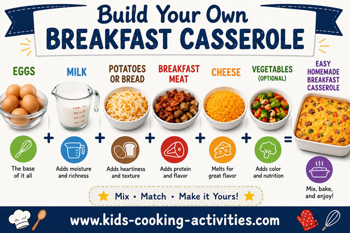 Build your own breakfast casserole formula with eggs, milk, potatoes or bread, breakfast meat, cheese, and vegetables