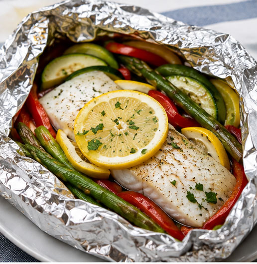 Fish and vegetables cooking in a foil packet