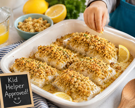 Baked fish covered with a buttery stuffing crumb topping