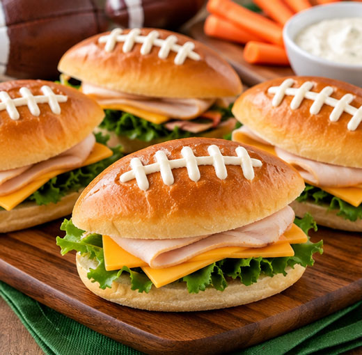 Football-shaped bread rolls served with dip