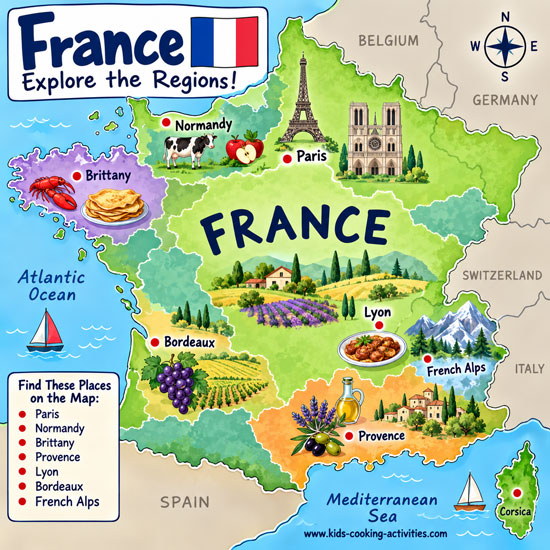 Illustrated map of France showing Paris, Normandy, Brittany, Provence, Lyon, Bordeaux and the French Alps