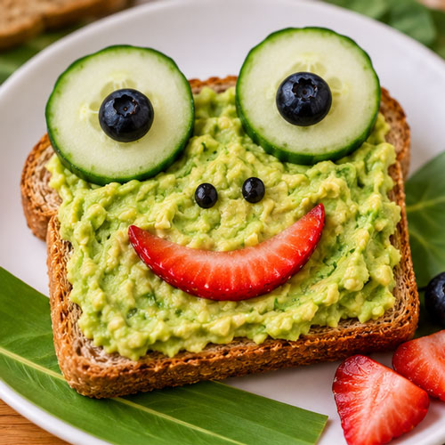 Frog toast made with a green spread cucumber and berries
