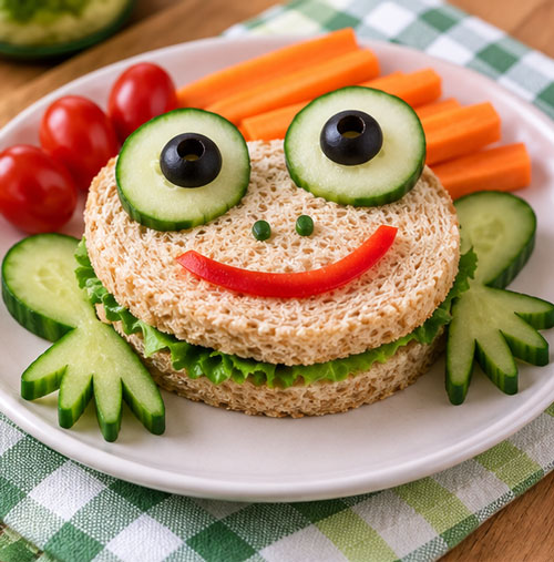 Frog sandwich decorated with cucumber legs and eyes, olive pupils and a red pepper smile