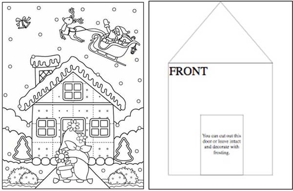 Printable gingerbread house template and coloring page preview