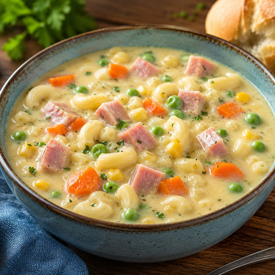 Ham macaroni and cheese chowder with corn, peas, and carrots