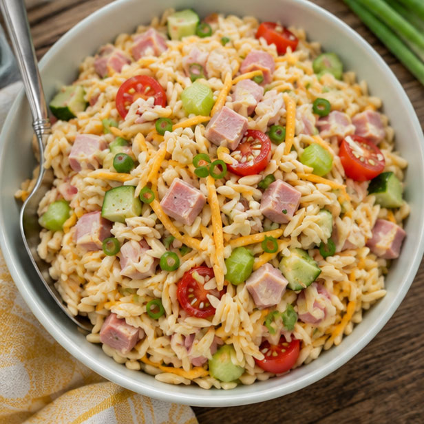 Ham and orzo pasta salad with vegetables and Italian dressing