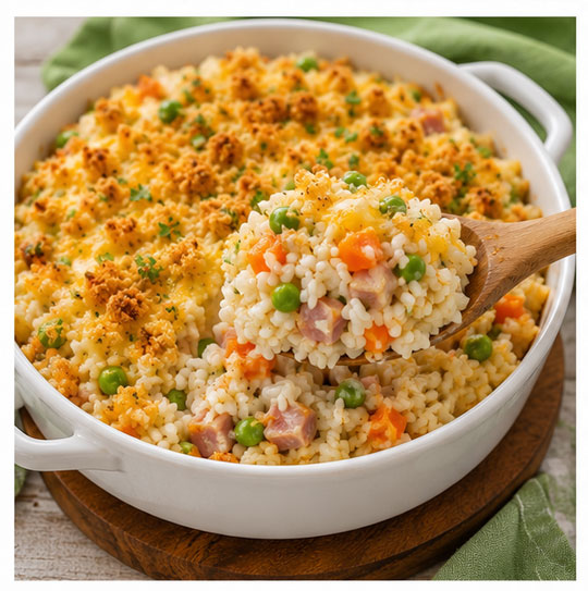 Creamy ham and rice casserole with vegetables, cheddar cheese, and a golden breadcrumb topping