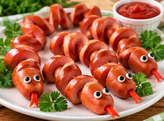 Cooked hot dogs cut and curled into snake shapes
