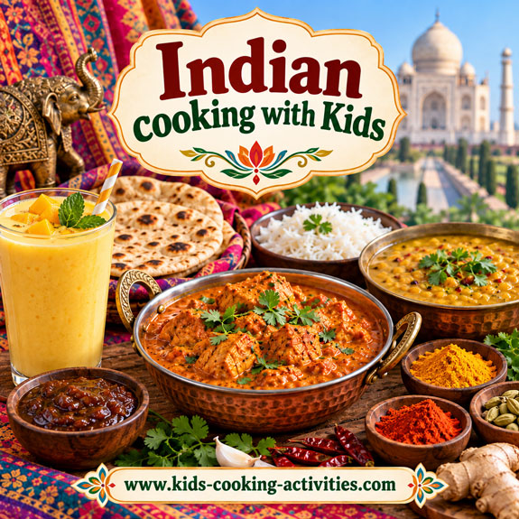 Indian Cooking with Kids featuring curry, rice, flatbread, mango lassi and Indian spices