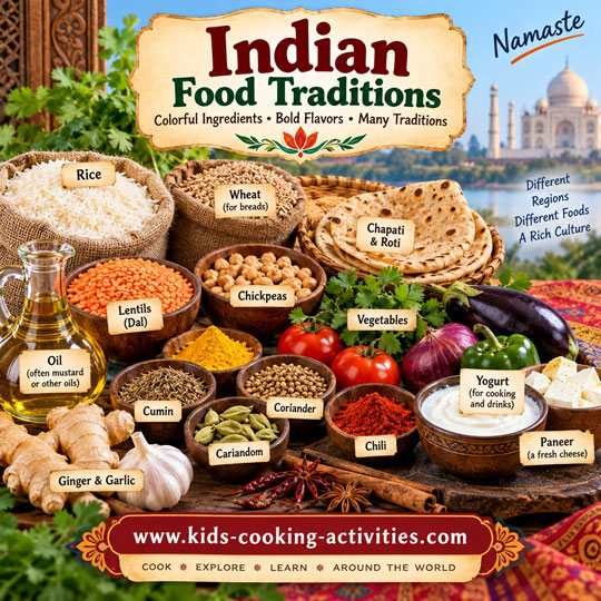 Indian food traditions and common ingredients including rice, lentils, vegetables, yogurt and spices