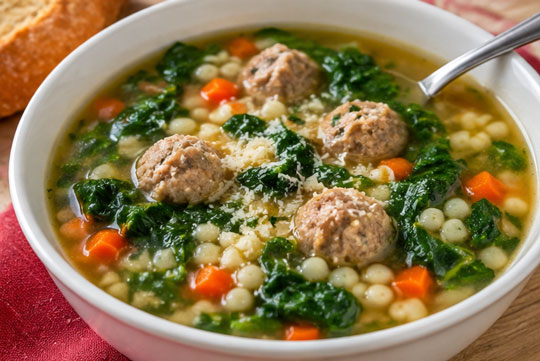 Easy Italian wedding soup with meatballs pasta and spinach