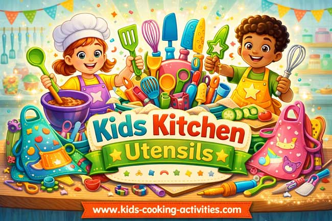 Kids kitchen utensils and cooking tools for young chefs