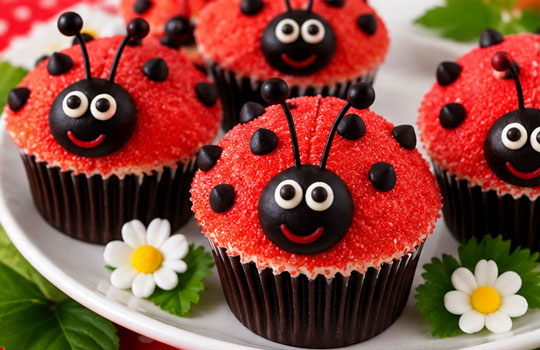 Red ladybug cupcakes with dark spots and edible faces