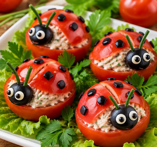 Stuffed tomato ladybugs with olive spots and chive antennae