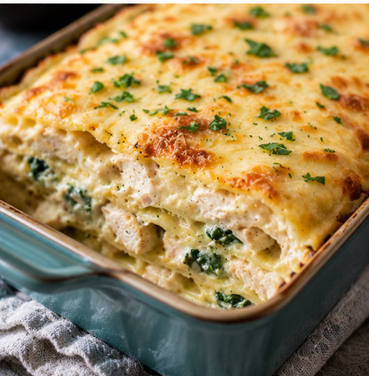 Chicken Alfredo lasagna with creamy white sauce
