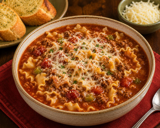 Lasagna soup with pasta tomato broth and cheese
