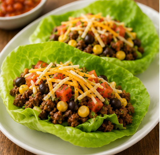 Black bean taco lettuce wraps with vegetables and cheese