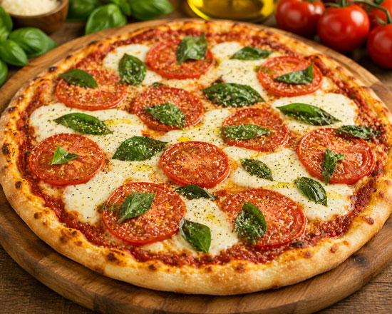 Homemade Margherita pizza with fresh basil and tomatoes