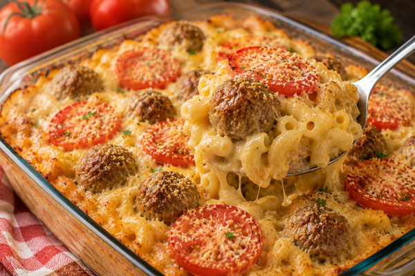 Beefy macaroni and cheese with meatballs