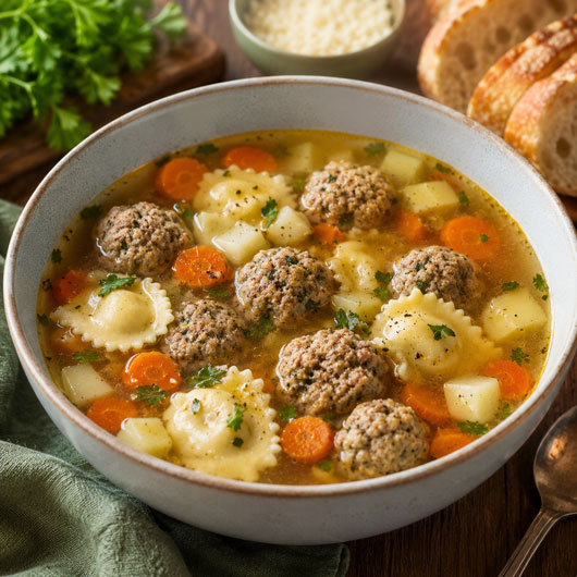 Meatball and ravioli soup with vegetables