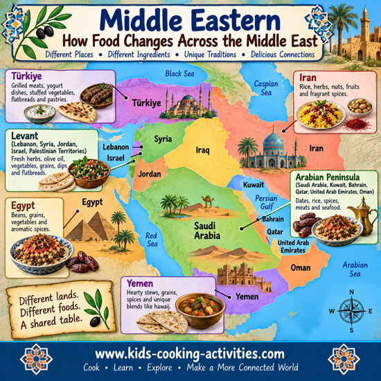 Map showing how food traditions vary across different regions of the Middle East