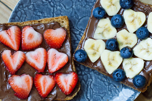 nutella toast with fruit hearts