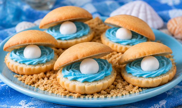 Oyster cookies with frosting and marshmallow pearls