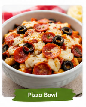 Pizza bowl with sauce cheese and pizza toppings