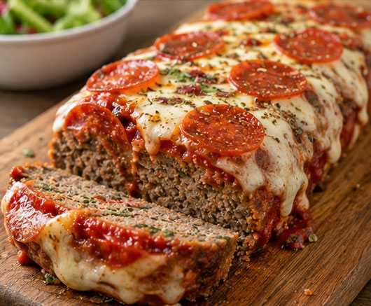 Pizza meatloaf topped with sauce and melted cheese